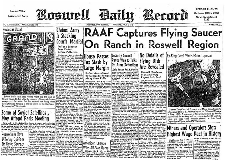 Portada del Roswell Daily Record de julio de 1947, con el titular acerca del platillo volante.