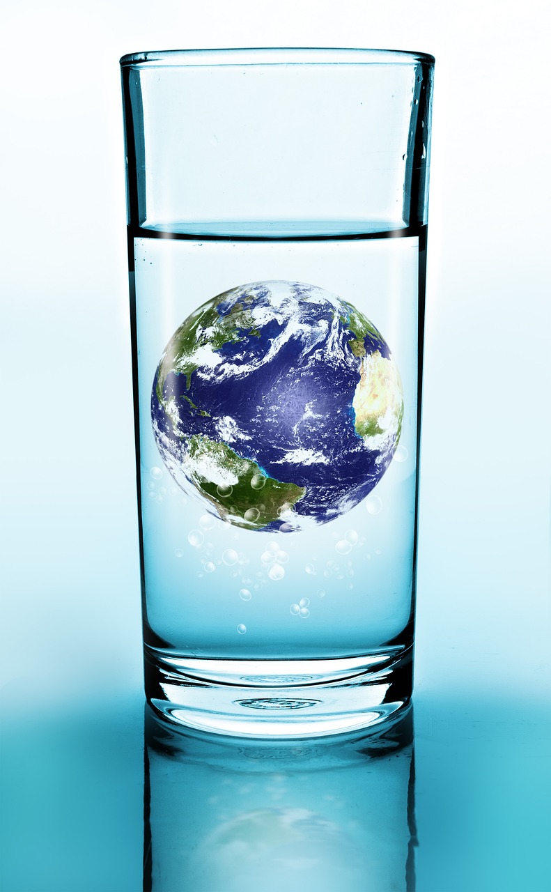 Un vaso de agua con el Mundo sumergido para el recreo de curiosidades del Apocalipsis Zombi