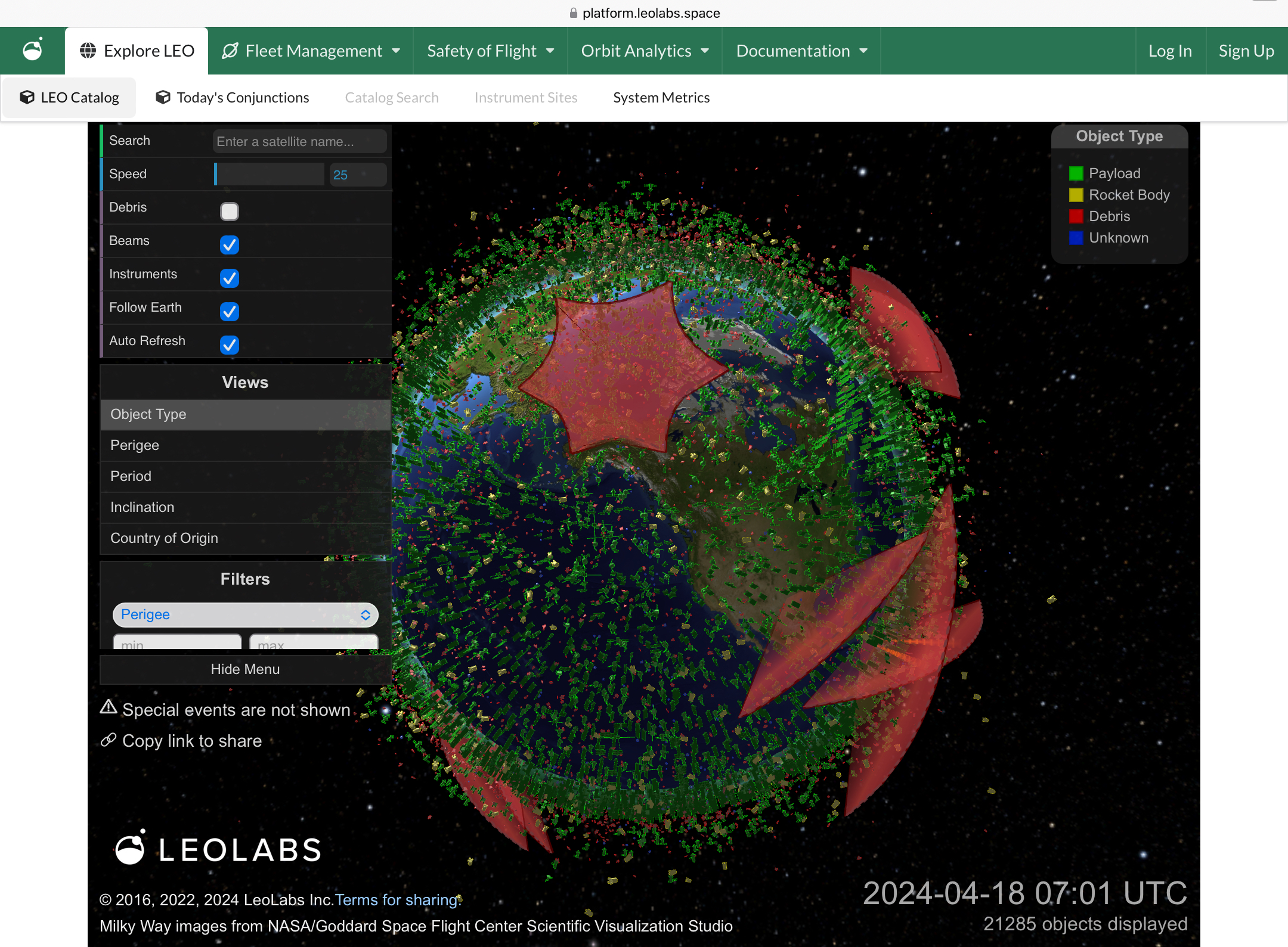 Página web de Leolabs, muestra que nuestro rinconcito en la galaxia está lleno de objeto volantes