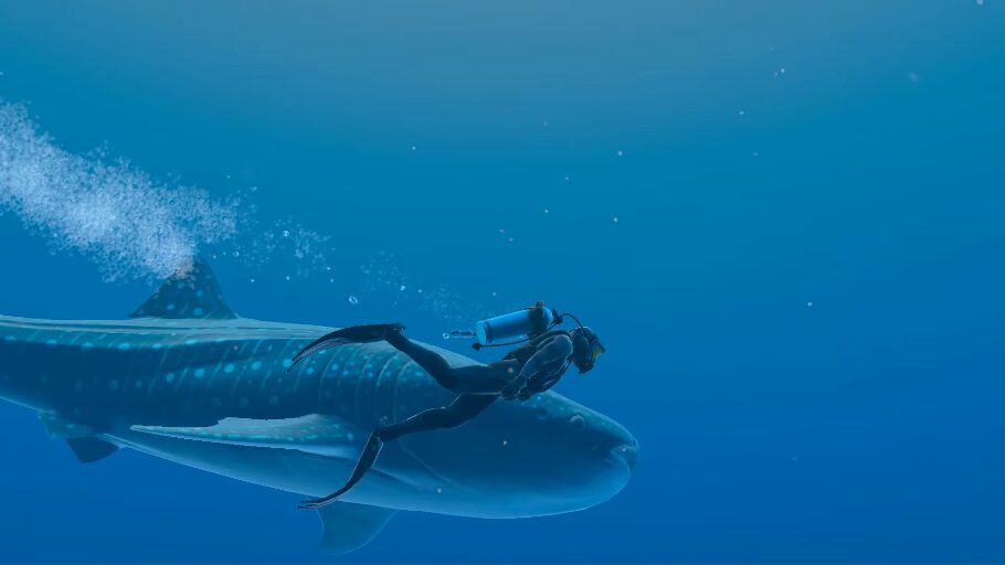 Imagen del videojuego, nadando junto a un tiburón ballena