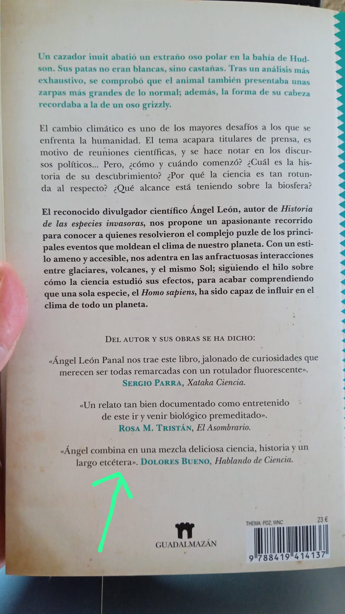 Historia del cambio climático de Ángel León Panal contraportada
